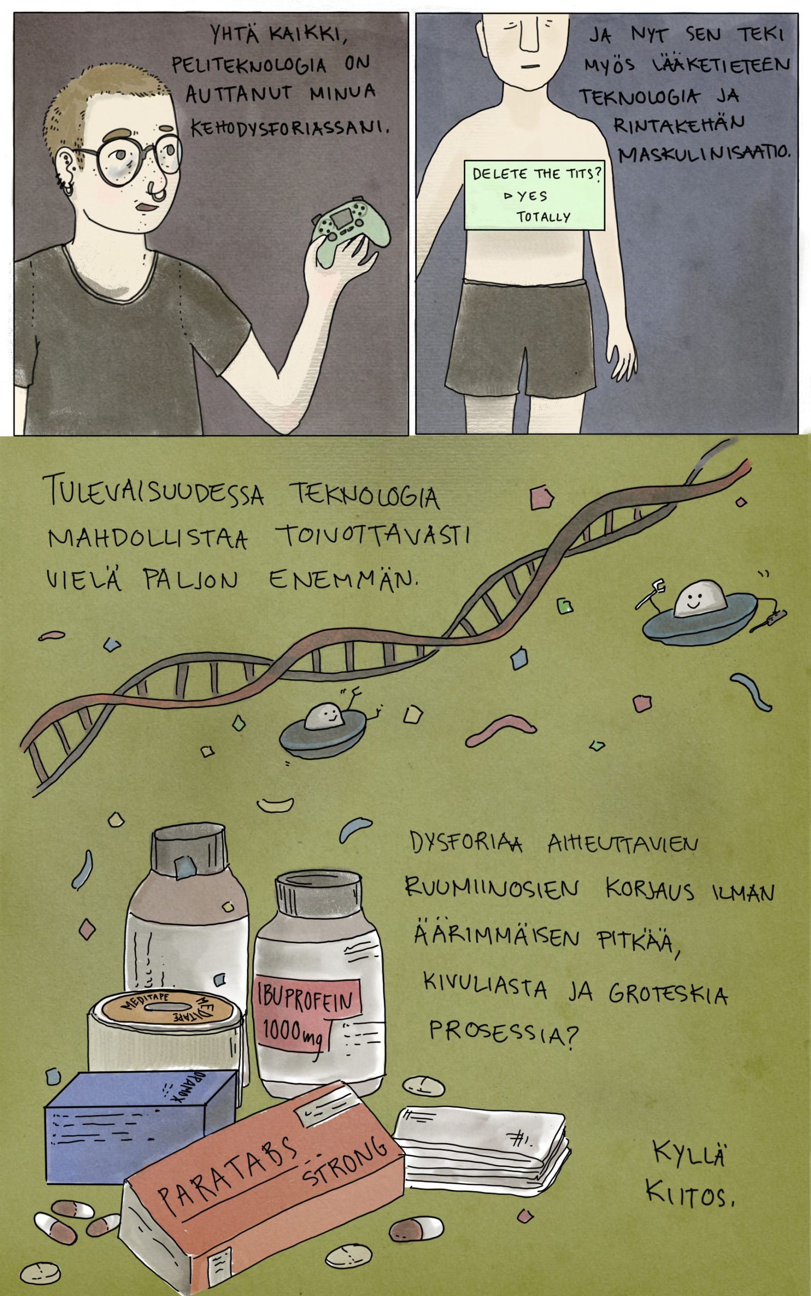 Sivu Ahma Hokkasen sarjakuvasta Teknisesti trans