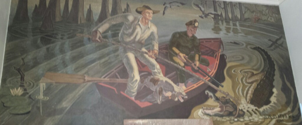 “Settlers Fighting Alligator from Rowboat” by Joseph Myers, 1946 (Mural in the Lake Worth Post Office)